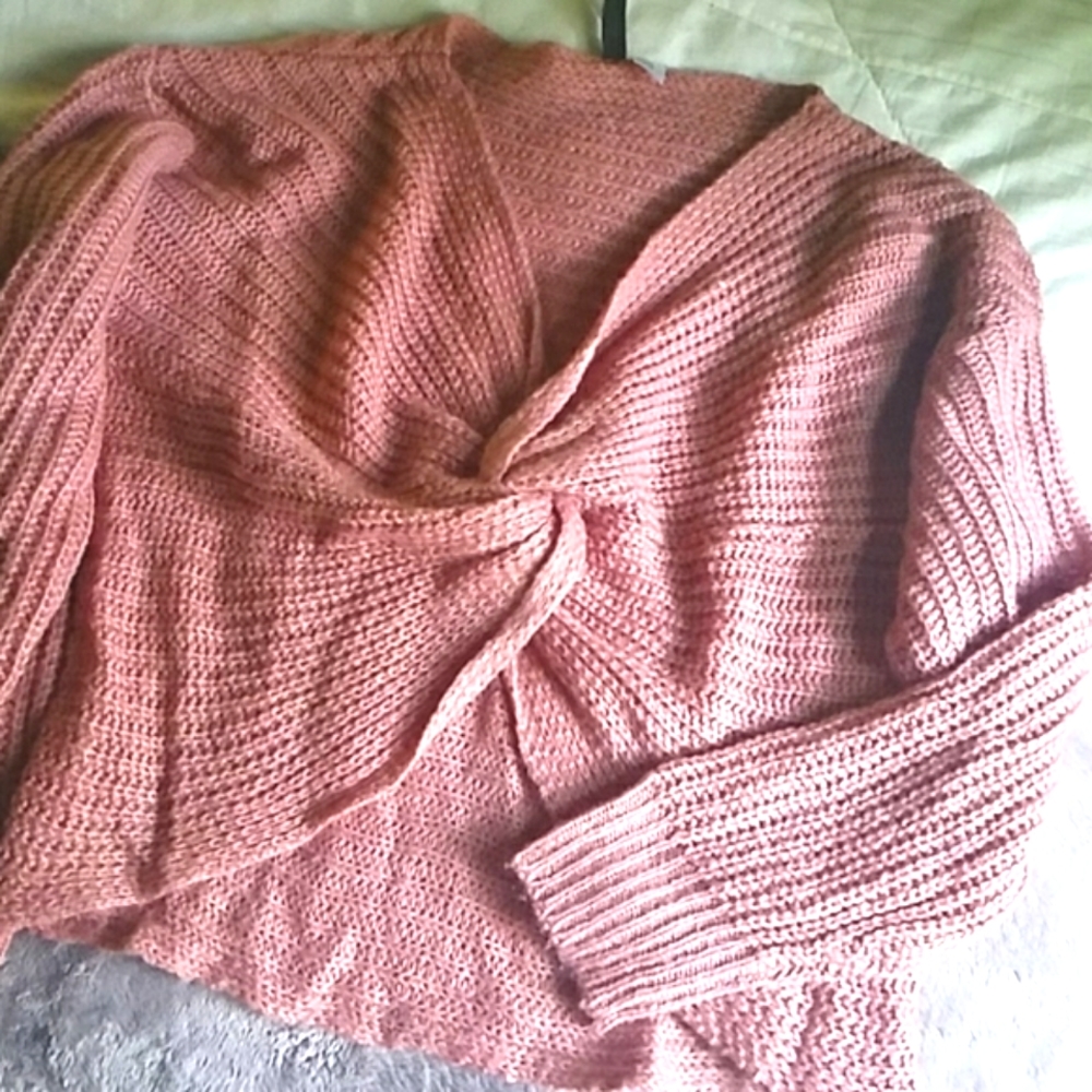 Soft Pink Knit Front Knot Plunge Neck Sweater